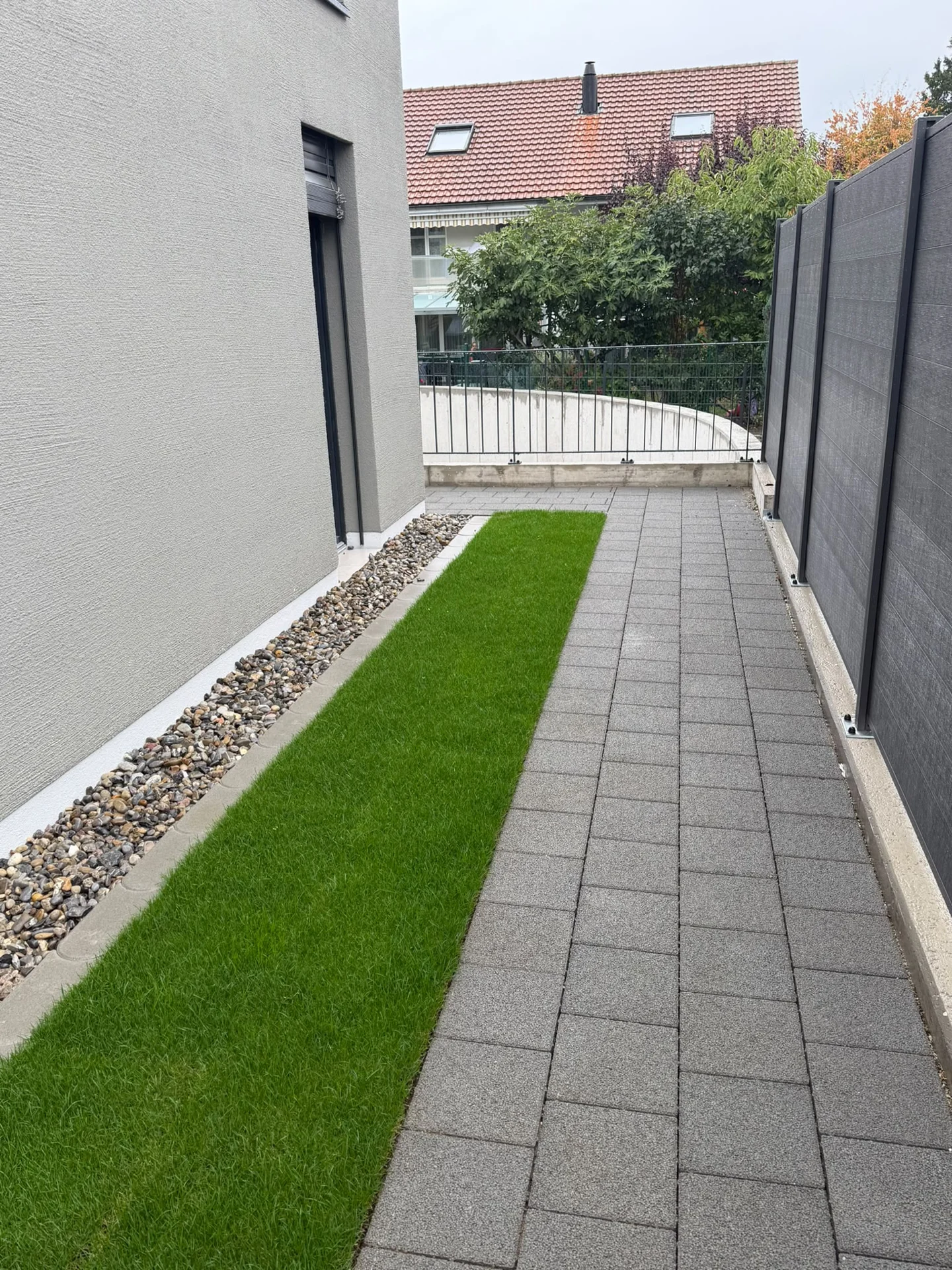 Pflasterweg mit Rasen und Sichtschutz