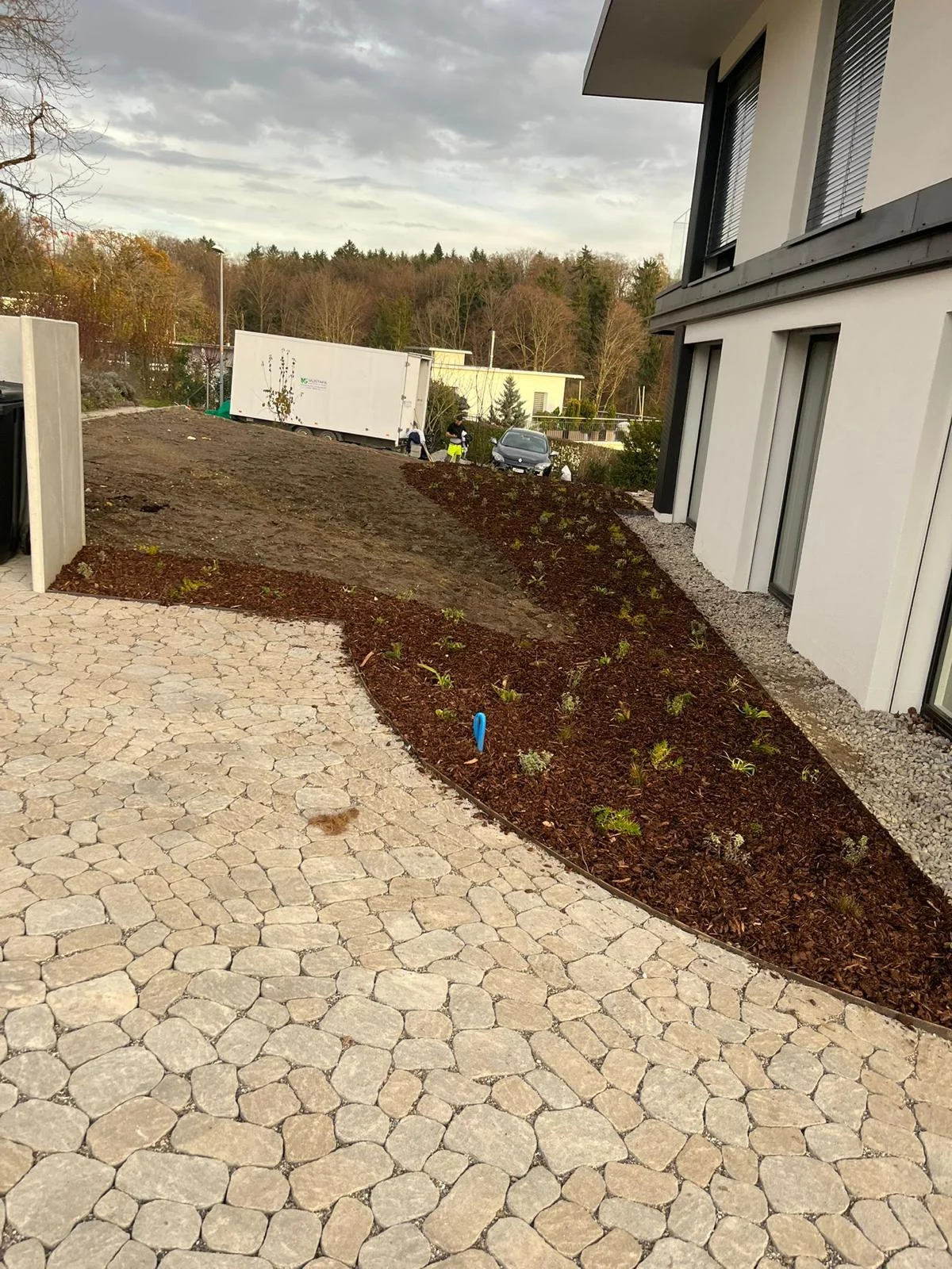 Ein geschwungener Pflasterweg führt an frisch bepflanzten Mulchbeeten und einer noch unbewachsenen Erdfläche entlang.